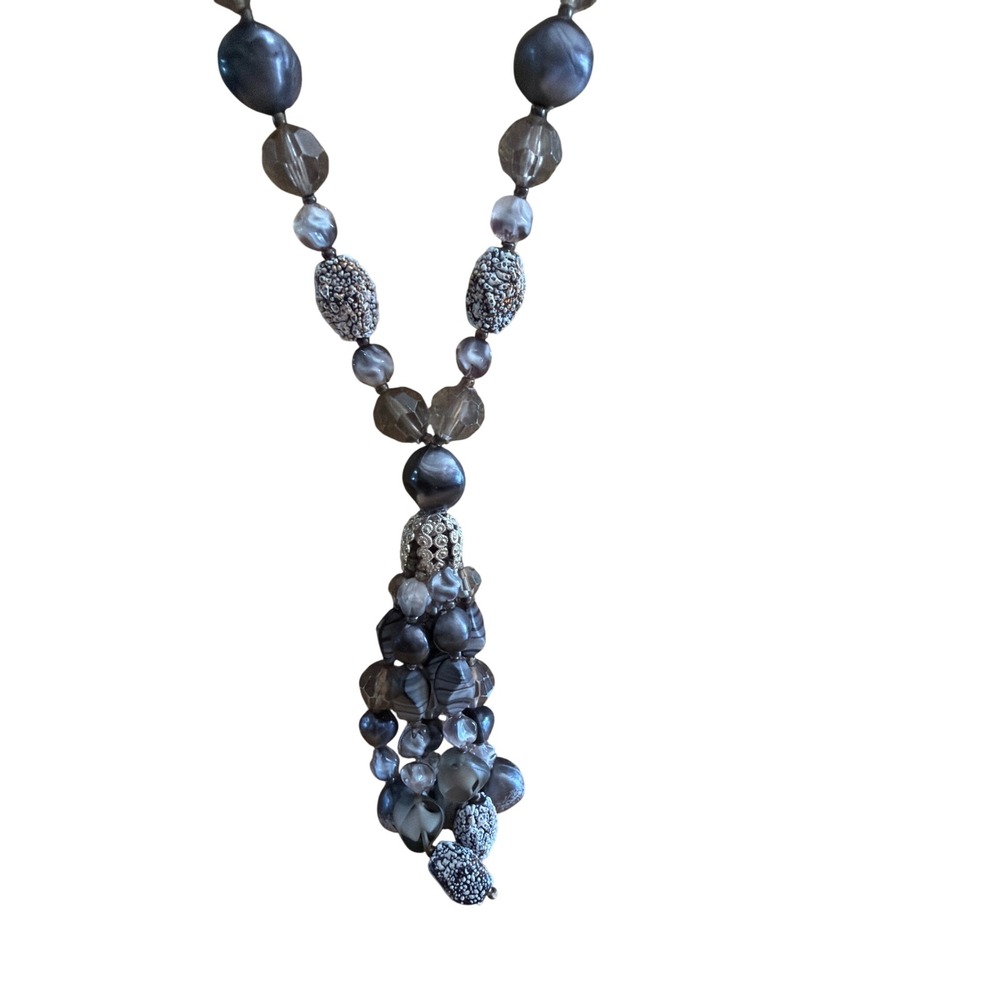 Grey Beaded Tassel Necklace Smoky Charcoal Silver Tone Long Lariat Boho Layer